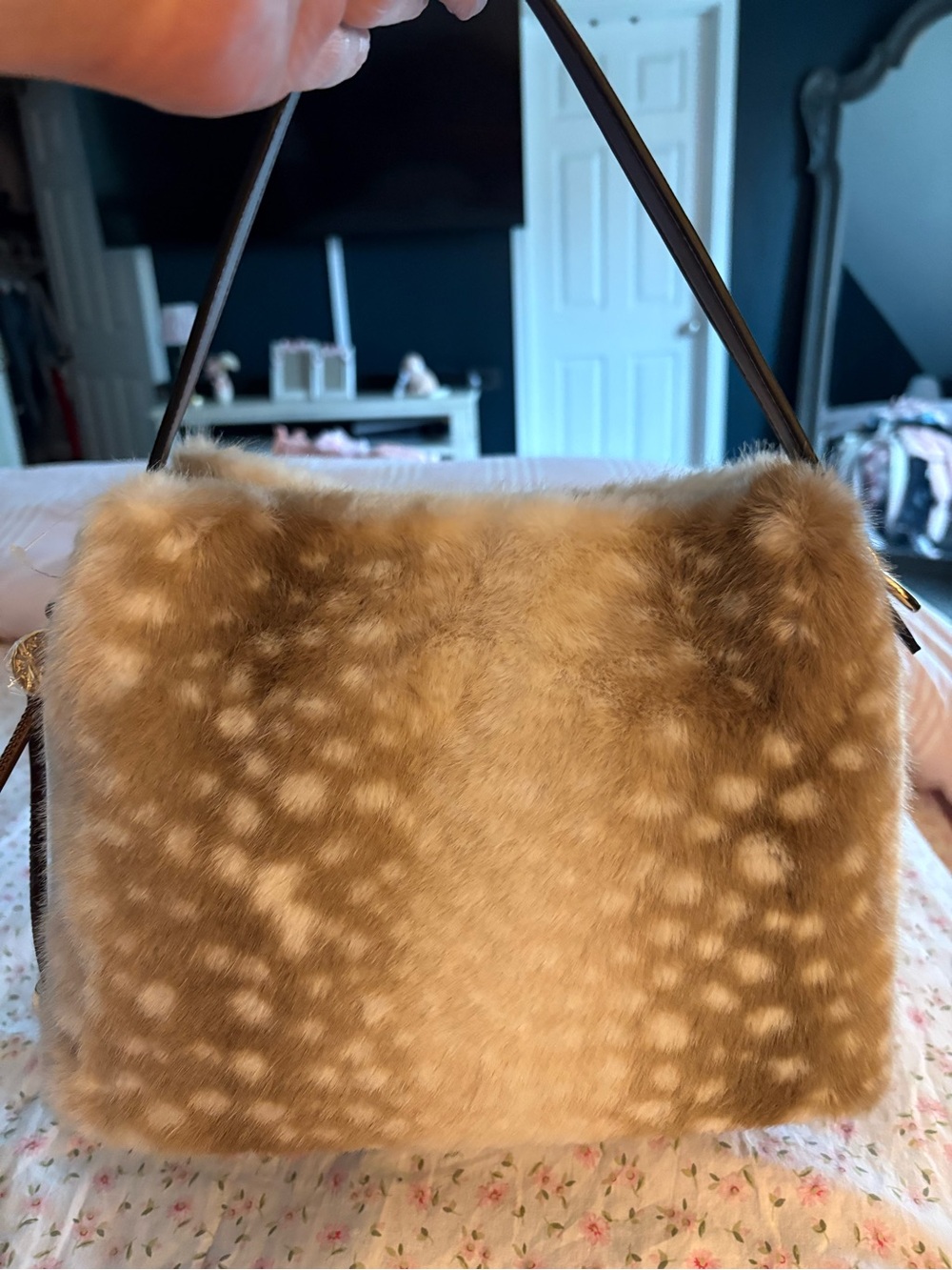 BCBG Faux Fur Shoulder Bag in Light Brown with Spotted Texture